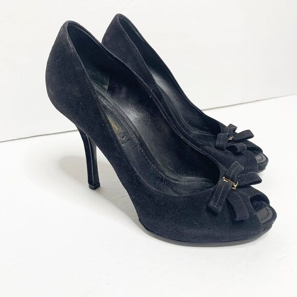 Louis Vuitton 37 7 Pumps Black Suede Peep Toe Stiletto Heels Logo Classic - Picture 2 of 6